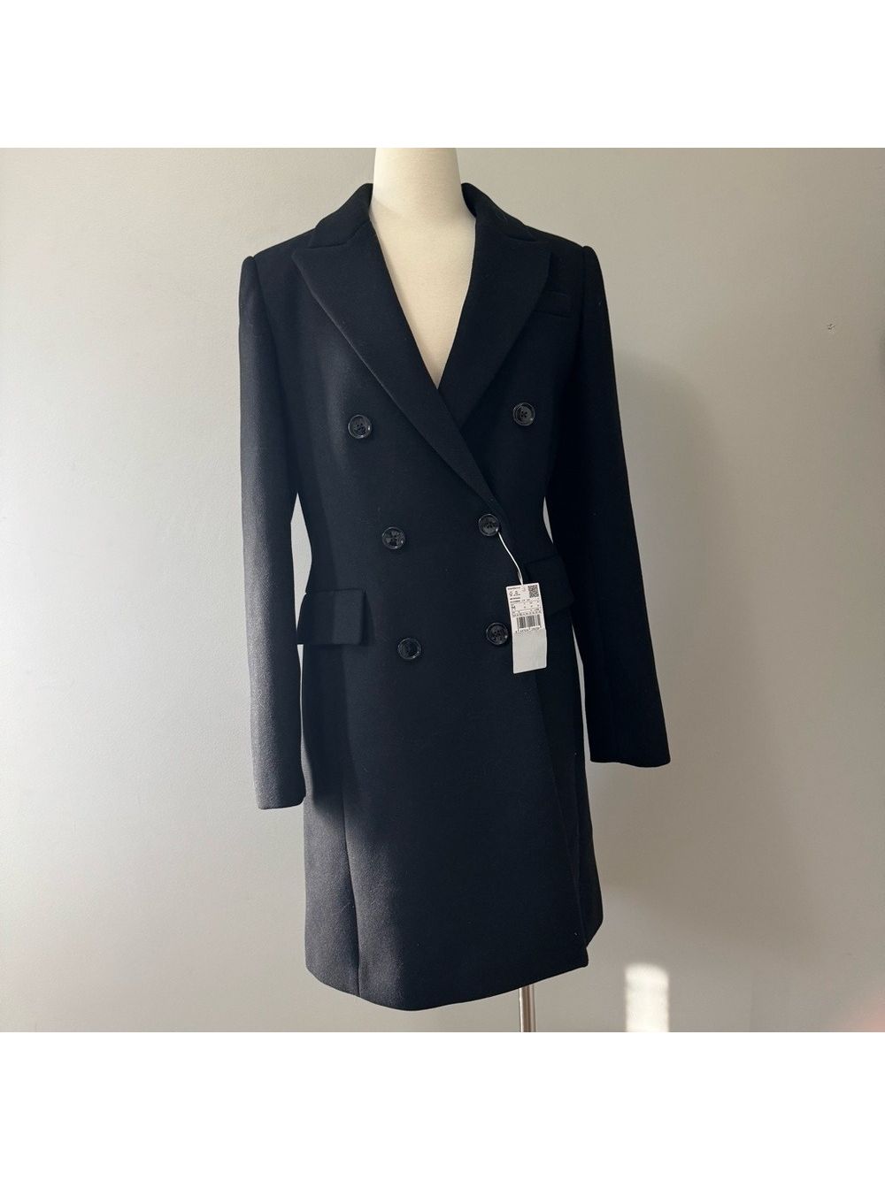 Mango Black Double-Breasted Wool Coat Size Medium